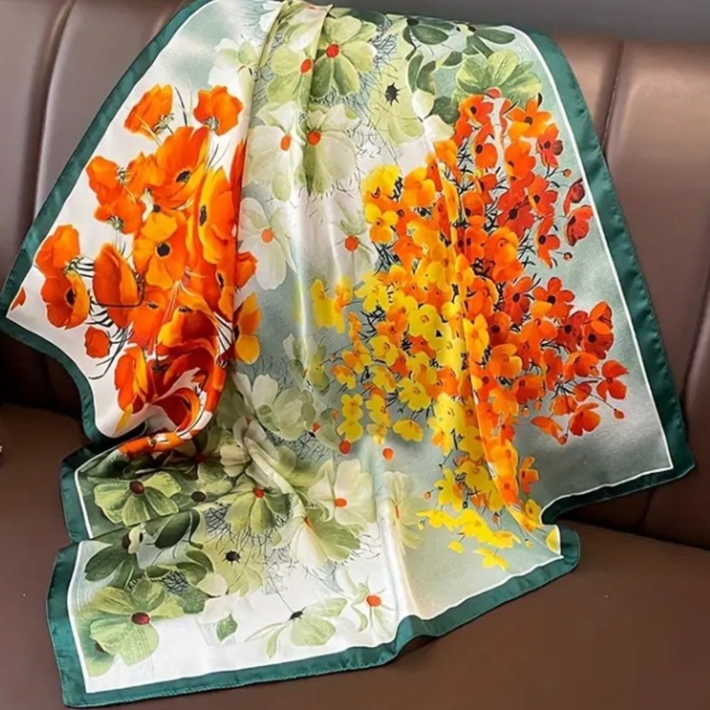 Vibrant Floral Scarf with Green Trim